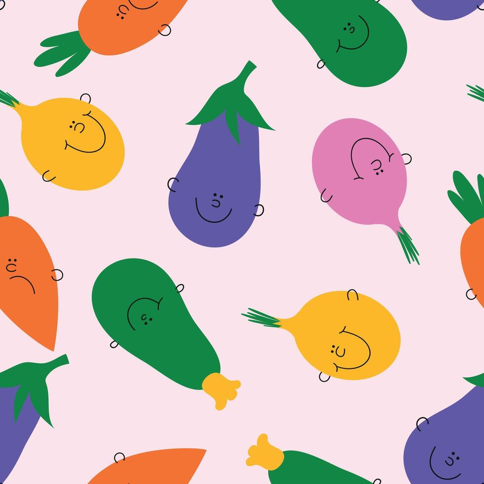 Vegetable seamless pattern. Cartoon vegetable collection. Cute carrot, onion, eggplant, zucchini for kids. vector