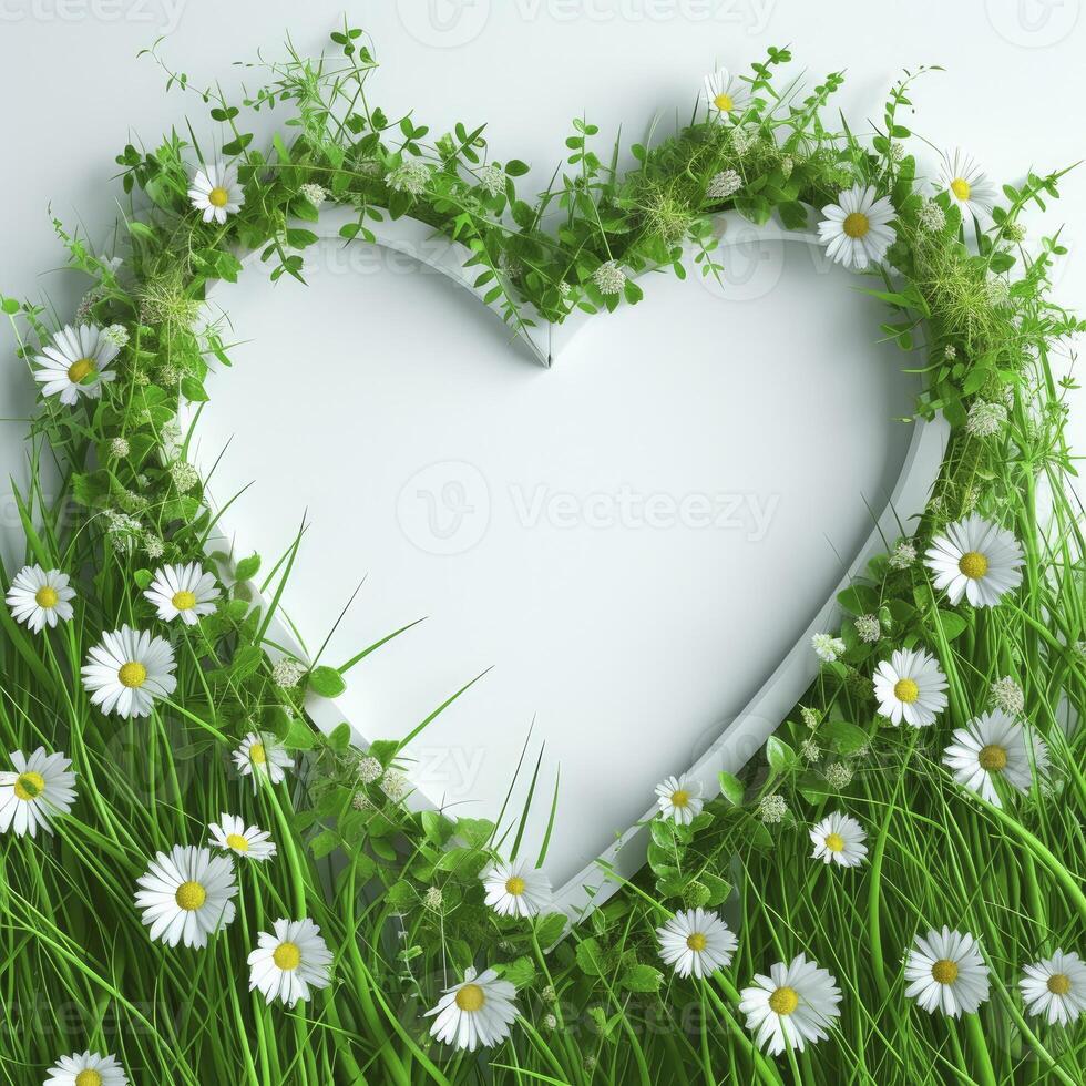 A White Heart-Shaped Frame Resting on a Background of Lush Green Grass and Delicate Flowers photo