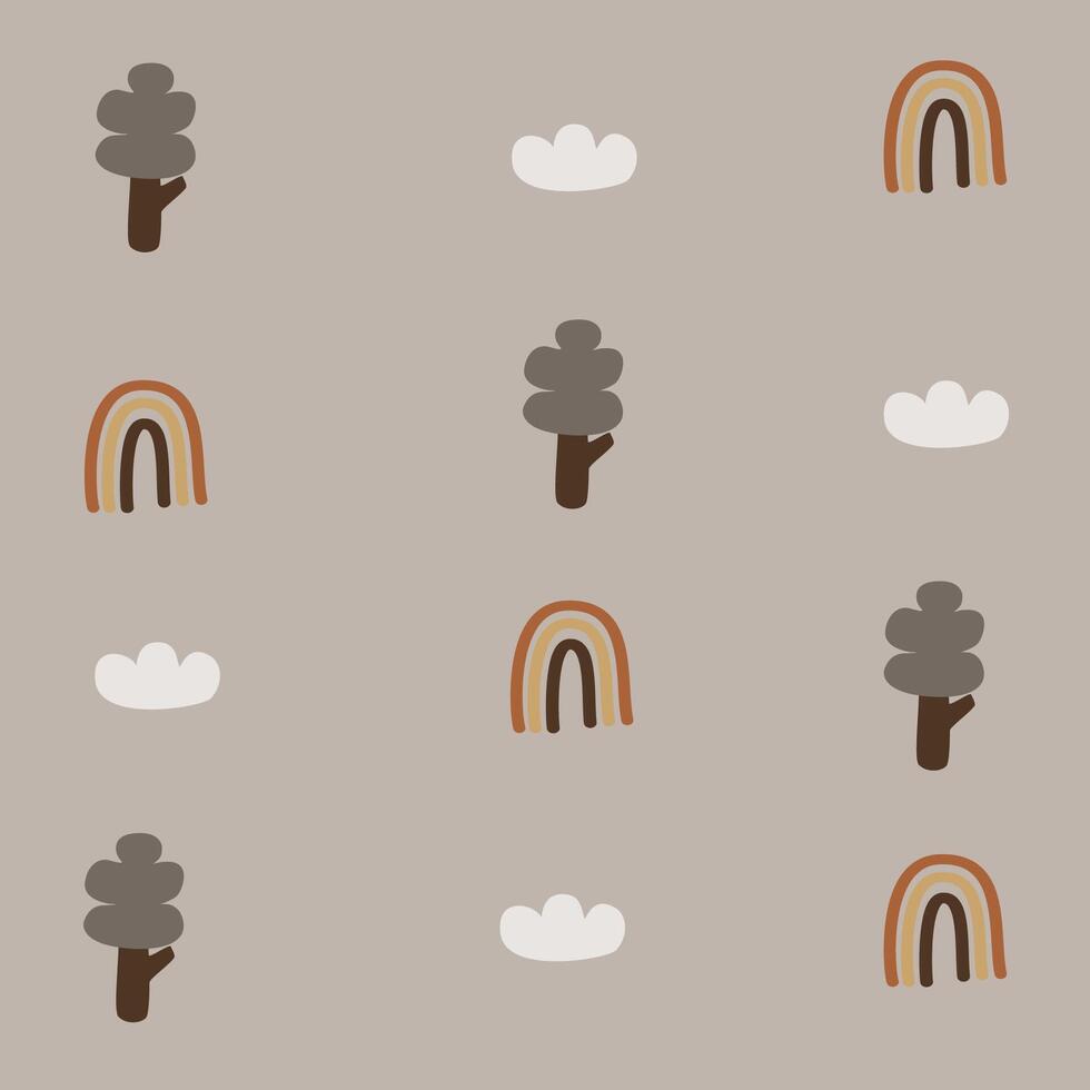 Boho pattern with neutral color. Nature motives, tree, rainbow and cloudnursery pattern suitable for kids fabric pattern vector