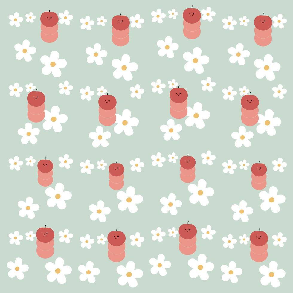 Hand drawn cute apple and white flowers pattern. Apple fruit pattern on green background. Fruit Background. Pattern for fabric vector