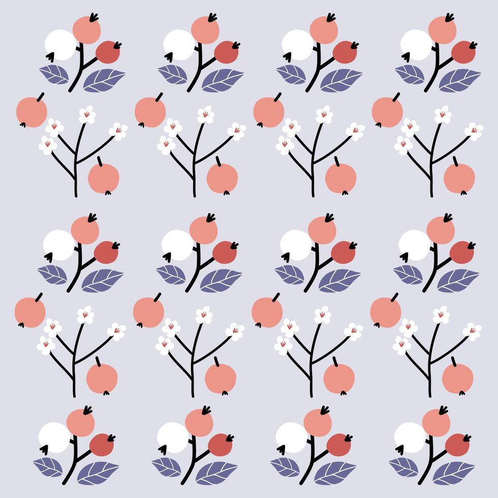 Hand drawn berry and white flowers and leaves pattern. Berry fruit pattern. Fruit Background. Pattern for fabric vector