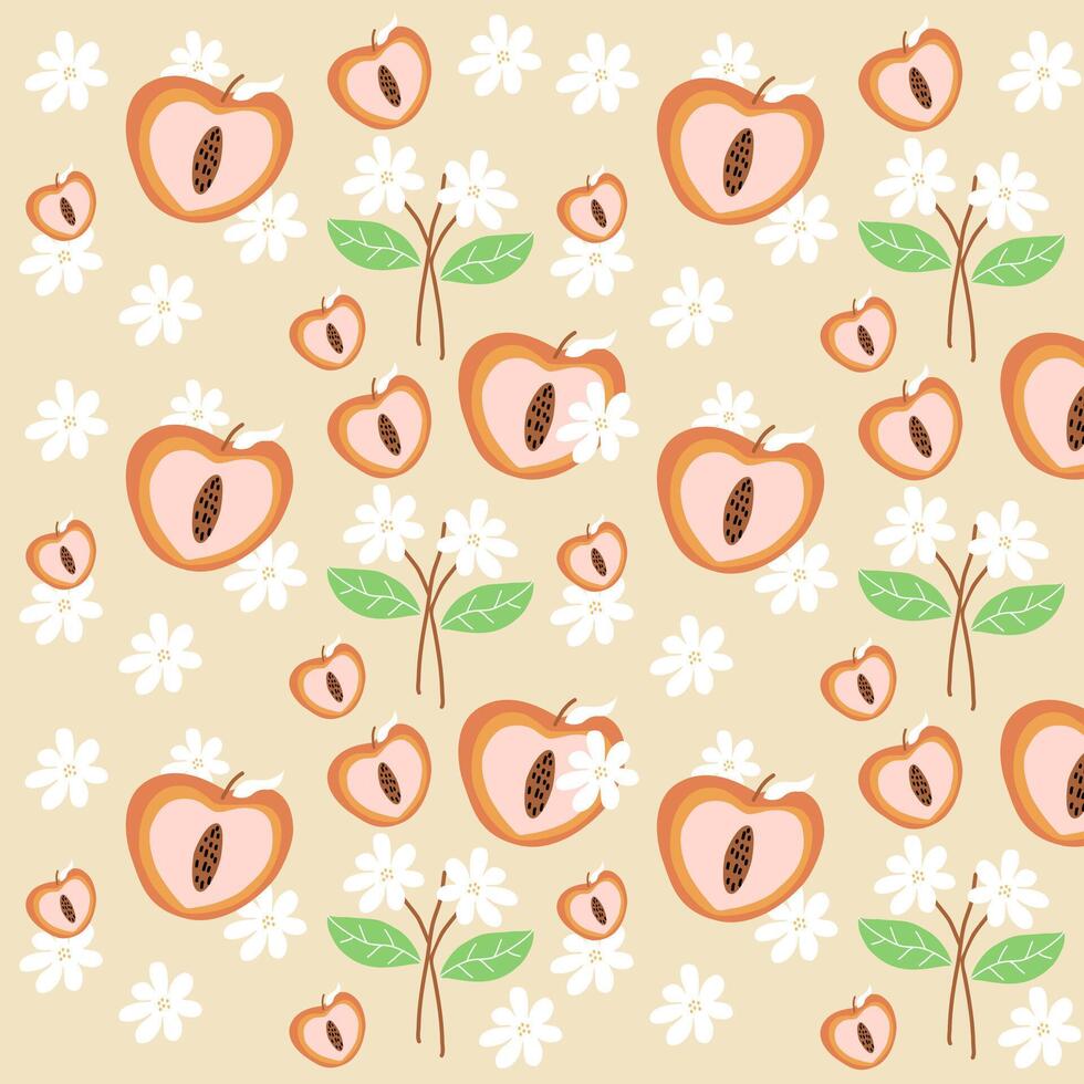 Hand drawn peach and white flowers pattern. Peach fruit pattern. Fruit Background. Pattern for fabric vector