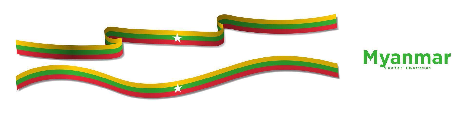 3d Rendered Long Myanmar Flag Ribbons with shadows, isolated on background. Curled and rendered in perspective. Horizontal 3D Burmese Flag Streamers. Graphic Resource. vector