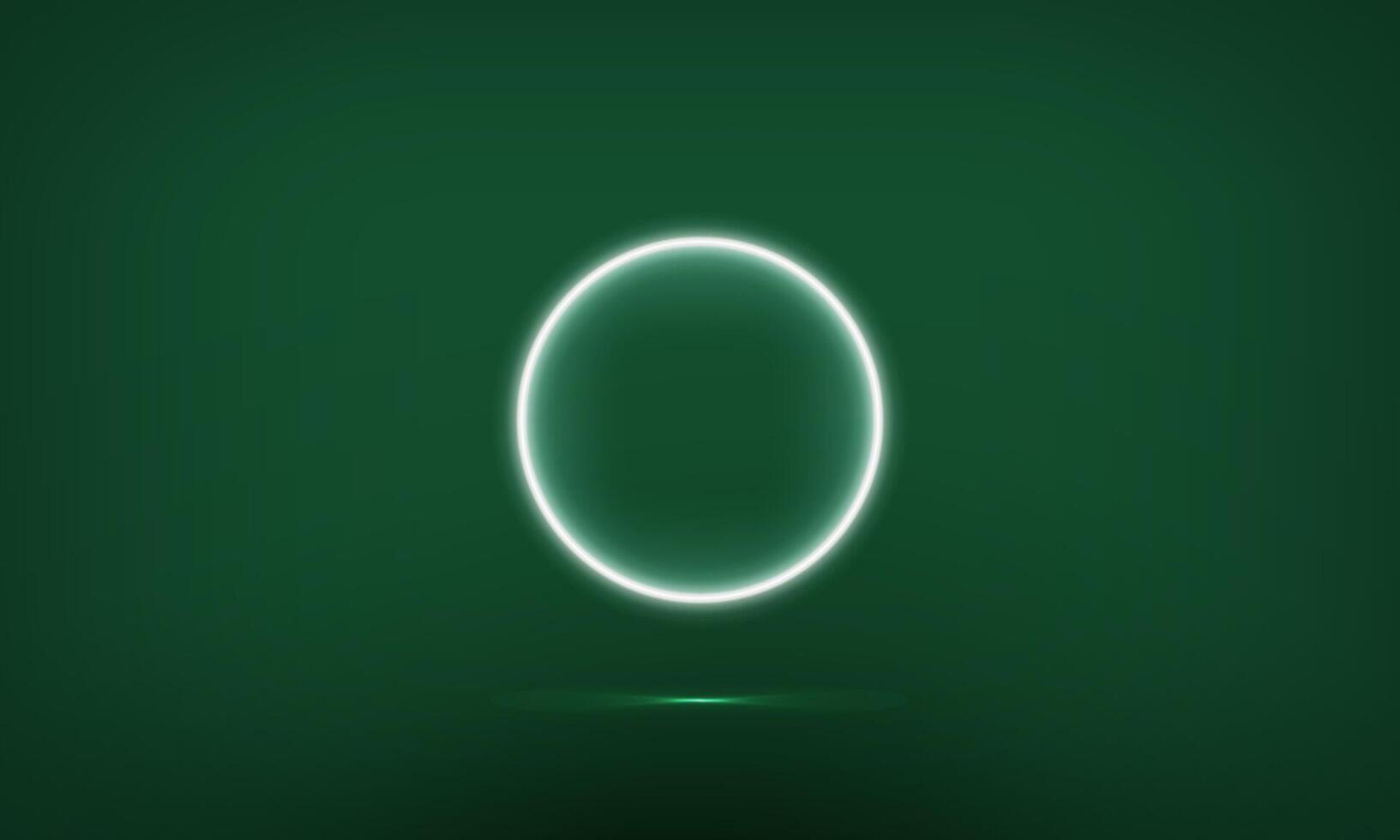 Small White Neon Ring on mint green background with small light reflection on floor. Neon lighting banner template. Perfect for app, web design, webpages, banners, cards, backgrounds, template. vector