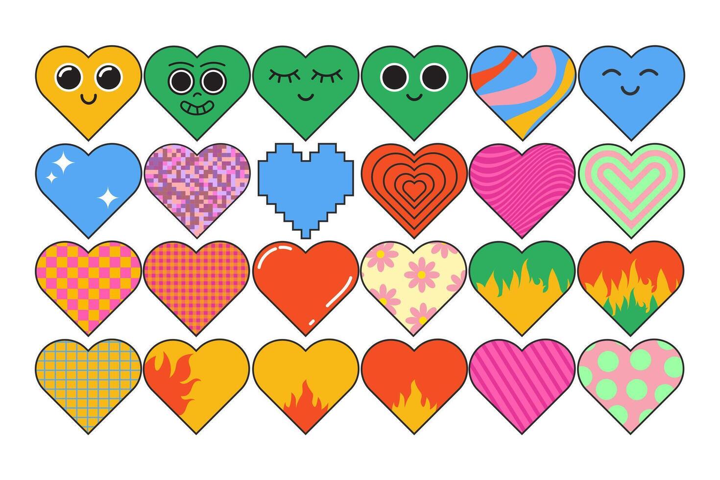 Cute set of Retro Cartoon Hearts in y2k style isolated on background. Girly heart icons. Characters, floral, stripes, checkered, flames, polka dot, pixel, smiley. vector