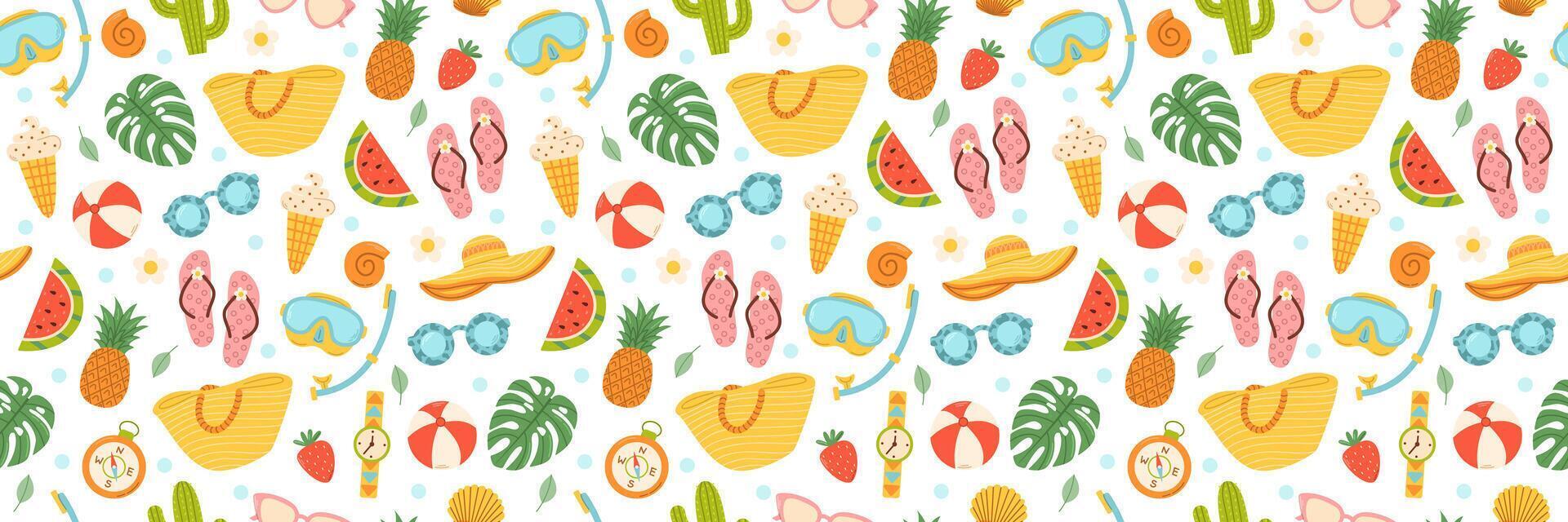 Cute summer beach elements. Vacation accessories for sea holidays. Cartoon seamless pattern vector