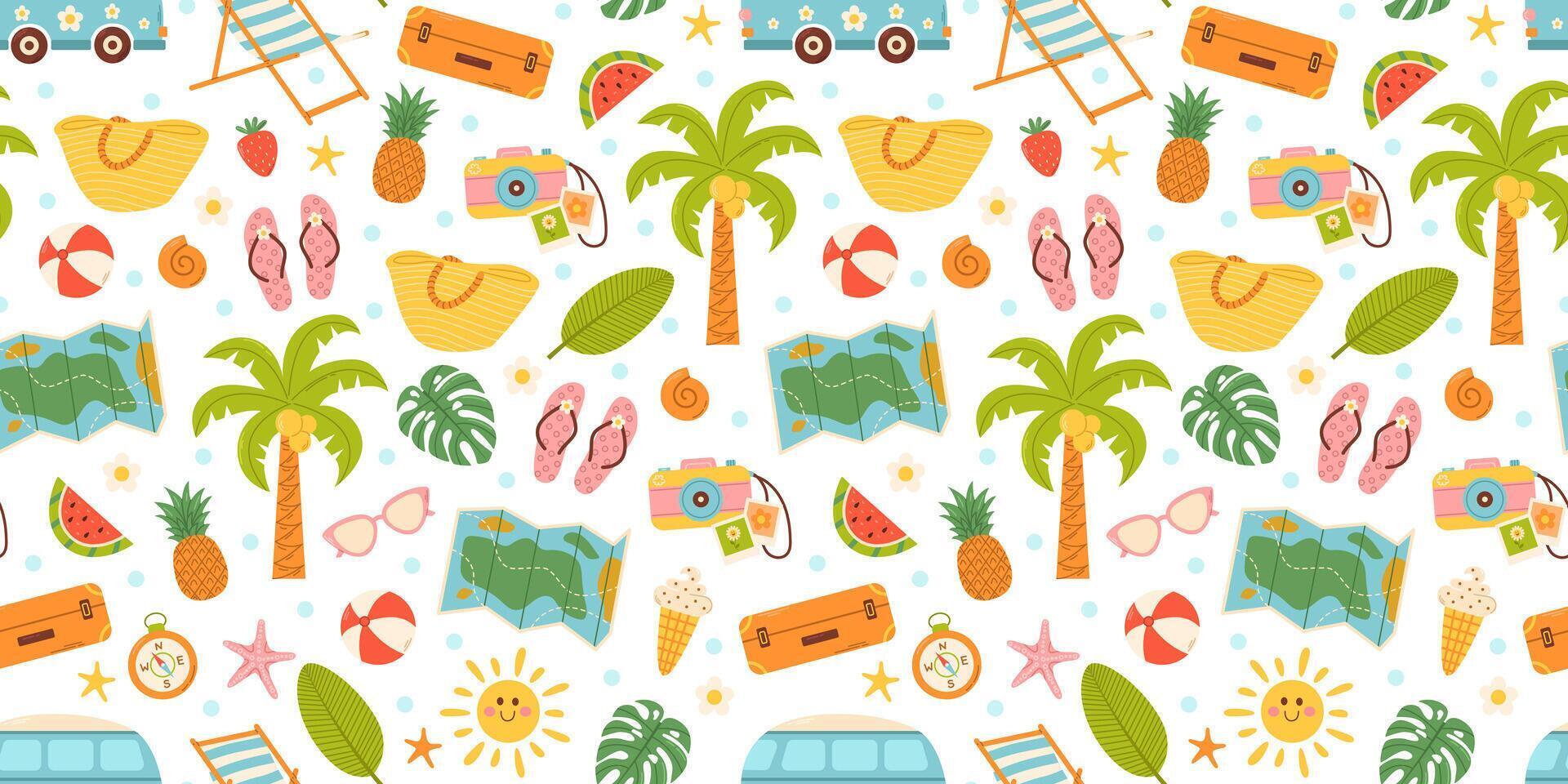 Cute summer beach elements. Vacation accessories for sea holidays. Hand drawn seamless pattern vector