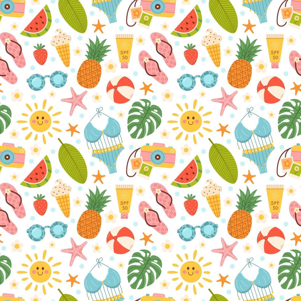 Cute summer beach elements. Vacation accessories for sea holidays. Hand drawn cartoon seamless pattern vector