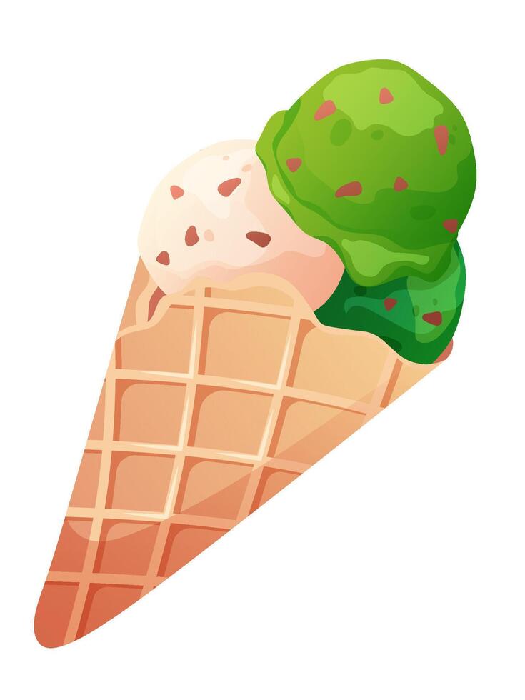 Pistachio green ice cream in waffle cup on white background. Three ice cream balls. illustration vector