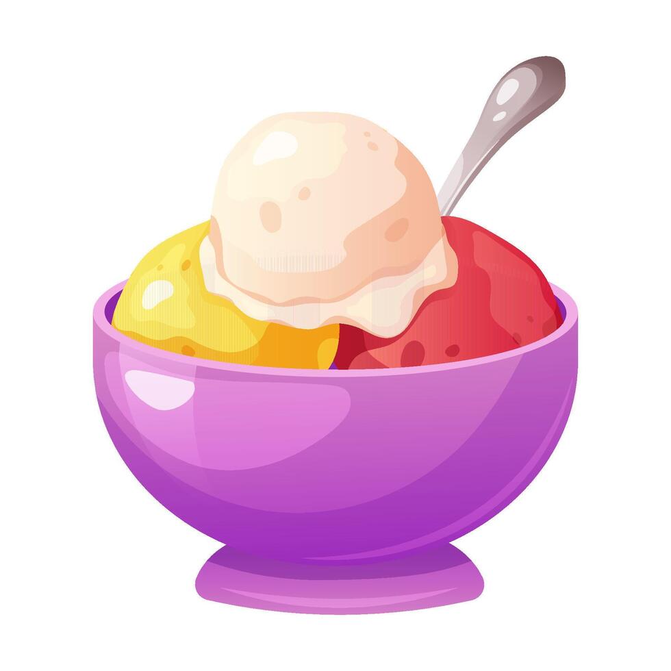 Three balls of colorful ice cream in creamer, plate with spoon on white background. illustration vector