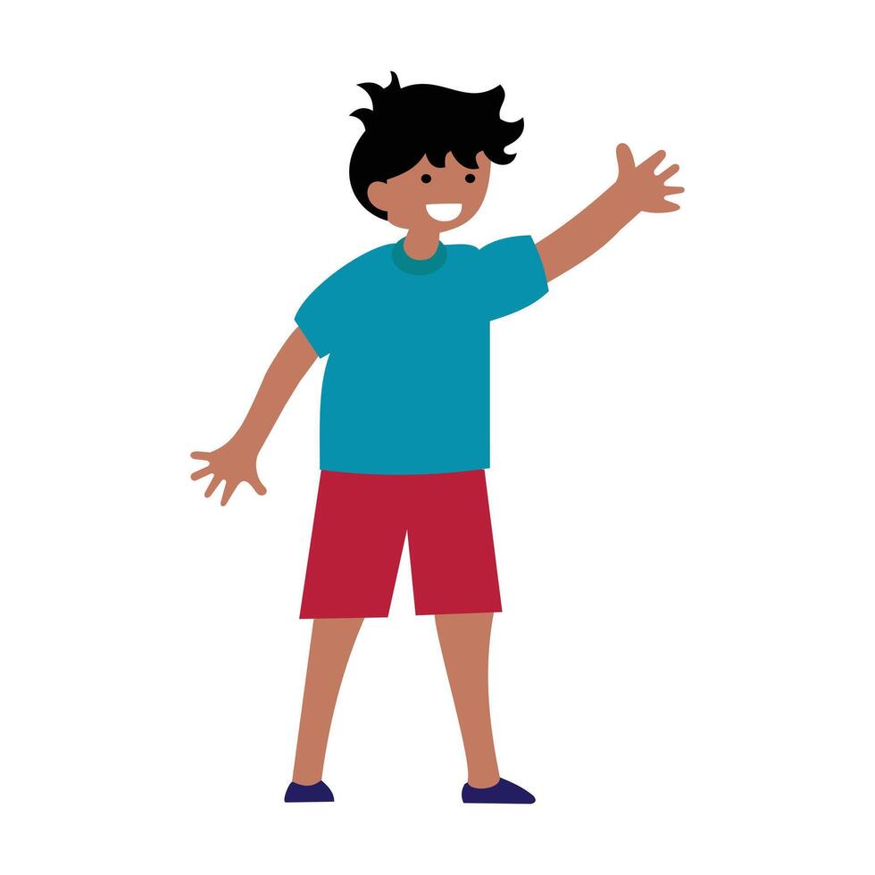 ilustración de un chico ondulación su mano con un contento rostro. básico diseño elementos de un linda para niños dibujos animados en un vistoso plano estilo vector