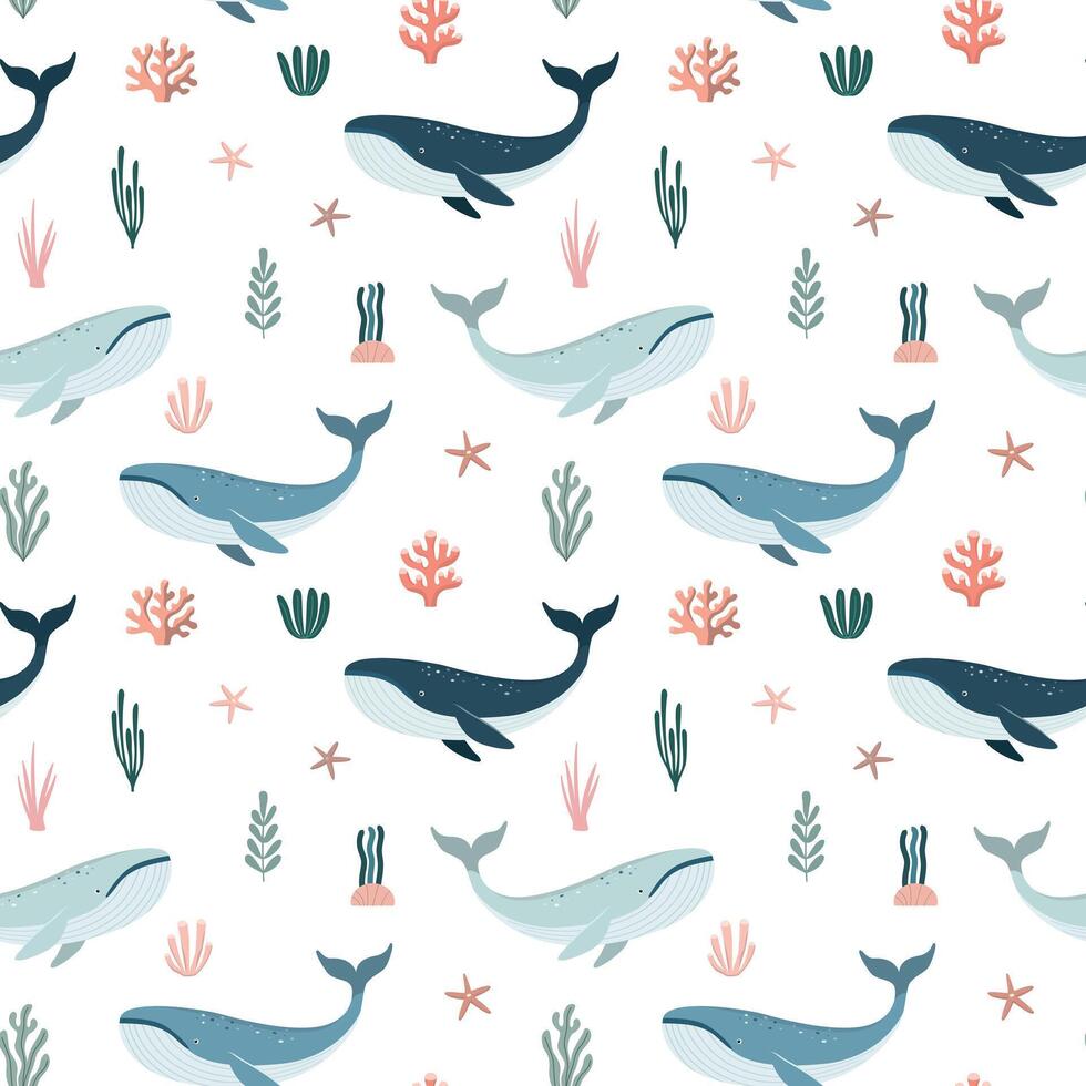 Whales seamless pattern. Cartoon style illustration. Perfect for invitations, greeting cards, wrapping paper, posters, fabric print. vector