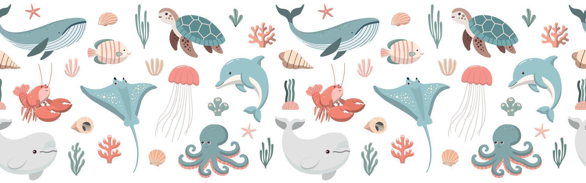 Childish seamless border pattern with underwater animals, corals and seaweed. Perfect for kids fabric, wallpaper, wrapping paper. Isolated on white background vector