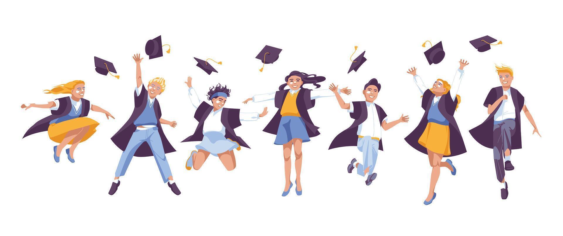 un grupo de graduados saltar juntos. niños. felicidad. diploma. plano ilustración vector