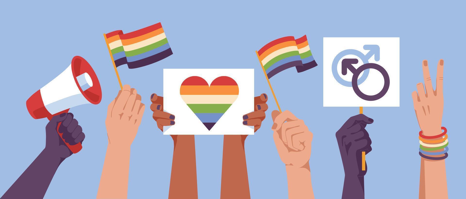 LGBT Pride Day. Diversity multiracial people hands in demonstrations with rainbow flags. Activists together. flat illustration vector