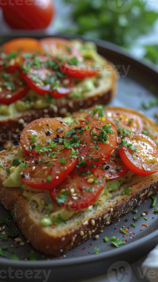 A Close-Up Shot Capturing the Delightful and Beautifully Plated Vegan Avocado Toast, Showcasing its Appetizing Details. photo