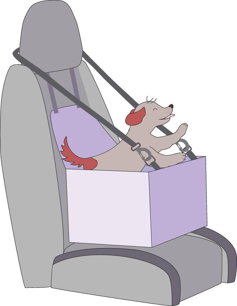 Dog in pet car seat in cartoon style. Puppy in car template vector