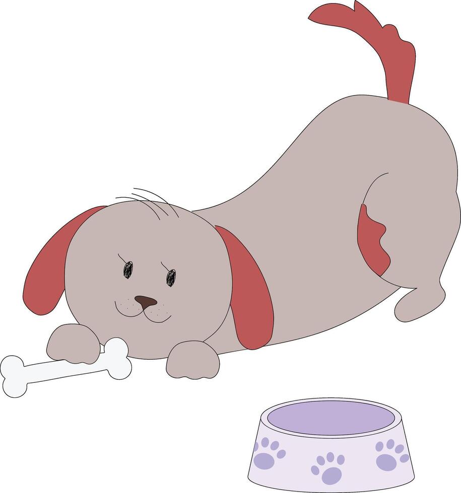 linda marrón perrito con hueso y plato en dibujos animados estilo. pequeño perro modelo vector