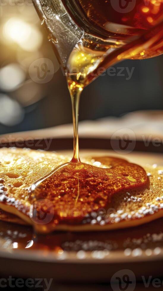 A Macro Photo of a Pancake Drenched in Syrup, Capturing the Irresistible Details of This Delicious Treat