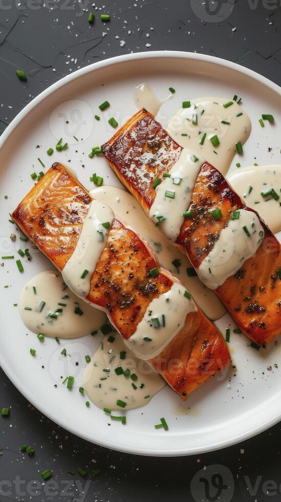 Slices of Grilled Salmon Drizzled with Creamy Mustard Chive Sauce, Artfully Presented on a White Plate photo