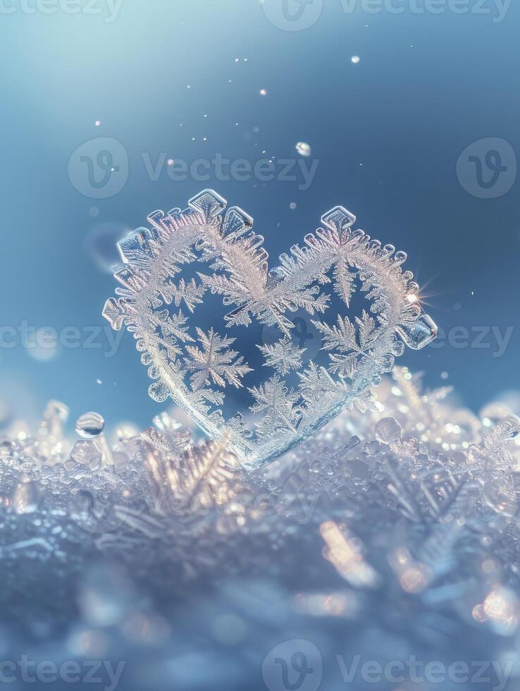 Macro Capture of a Heart-shaped Snowflake Falling, Against a Soft and Light Pastel Blue Background. photo