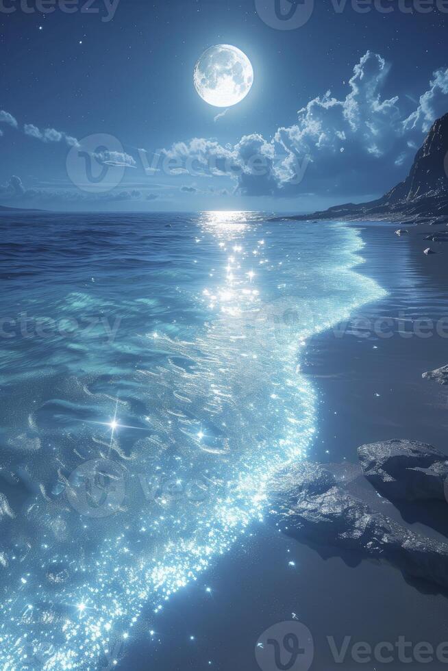A Light Blue Beach Adorned with Colored Glowing Glass, Serene Ocean, Moonlight, and Sparkling Stars. photo