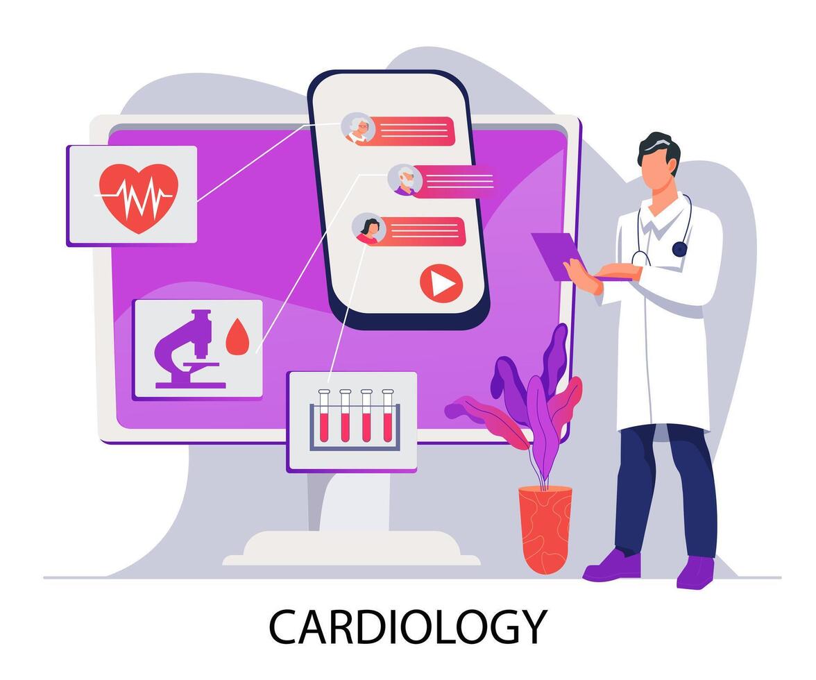 en línea cardiología medicina bandera modelo. cardiología médico da un en línea consulta y tratamiento plan utilizando un teléfono inteligente diagnóstico, sangre prueba y corazón salud cheque arriba. vector