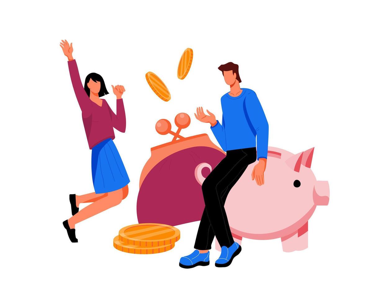 Banner of saving money and investment, making profit concept with cartoon characters and piggy bank. Saving budget and increasing income - business people or family happy to save money. vector