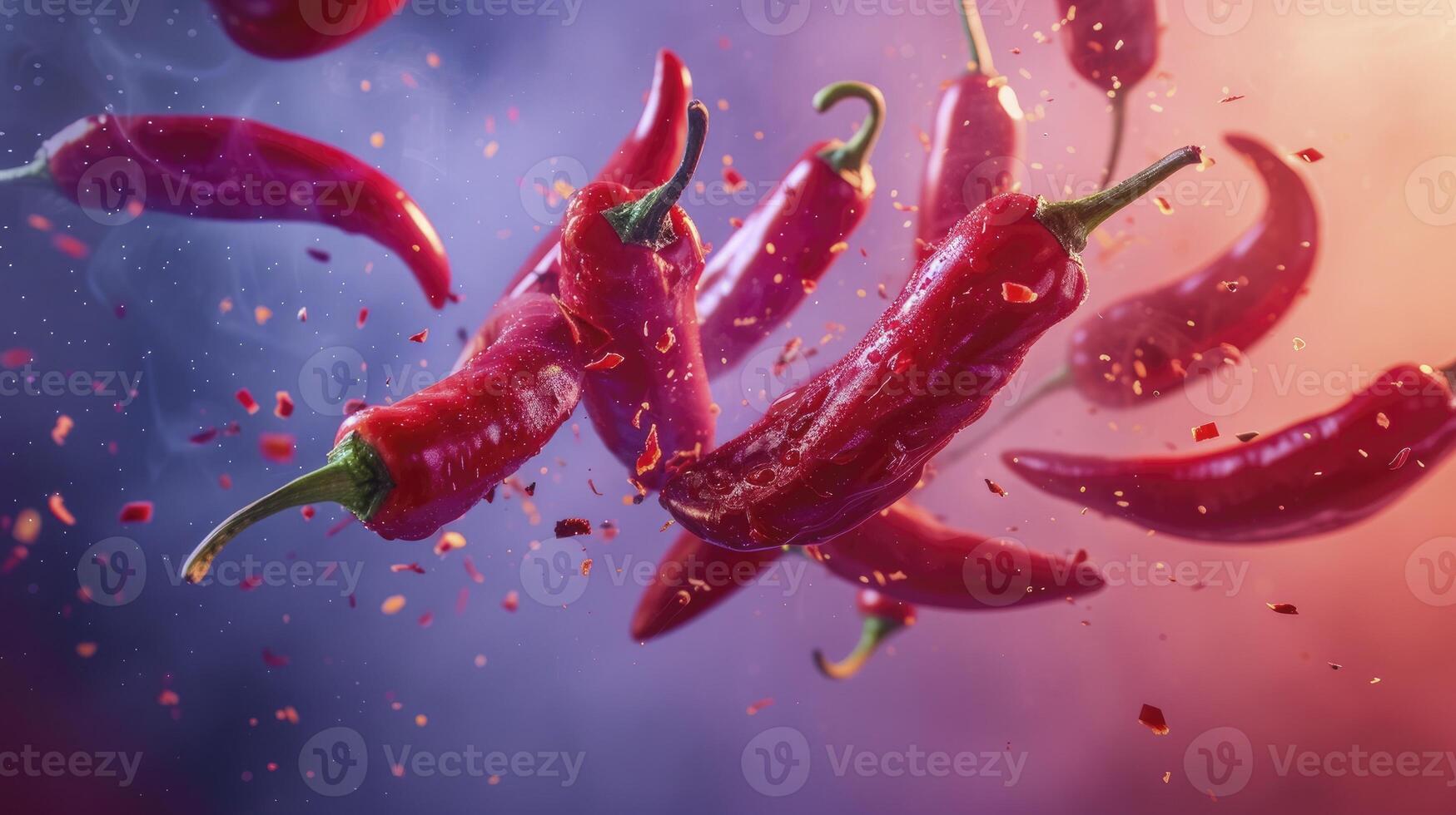 Floating Red Peppers Against a Gradient Backdrop photo