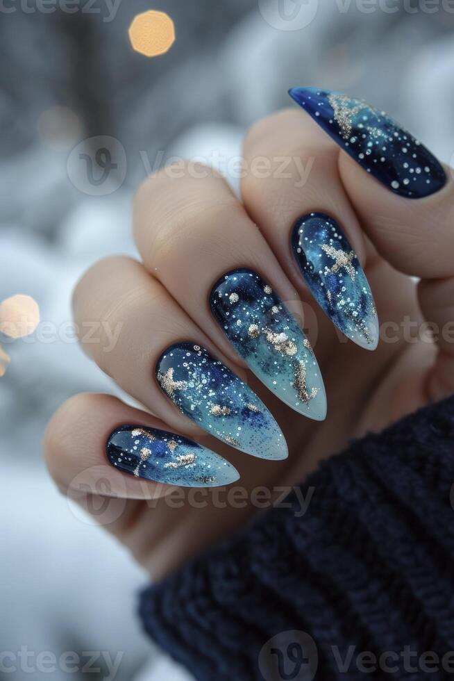 Nail Art Inspired by Meteor and Nebula, Featuring Quantum Wave Tracking Elements. The Design Radiates Luxury with Sparkling Glitter Accents. photo