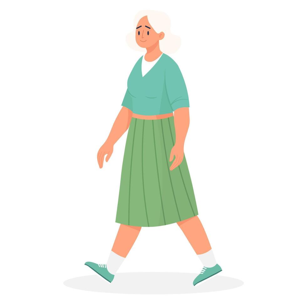 An elderly woman with gray hair walks. Flat illustration vector