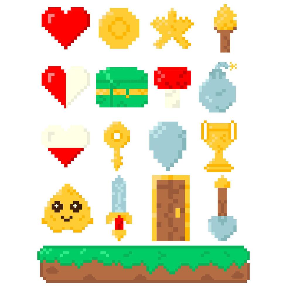 Set of elements for 8 bit games. Scon in pixel art style vector