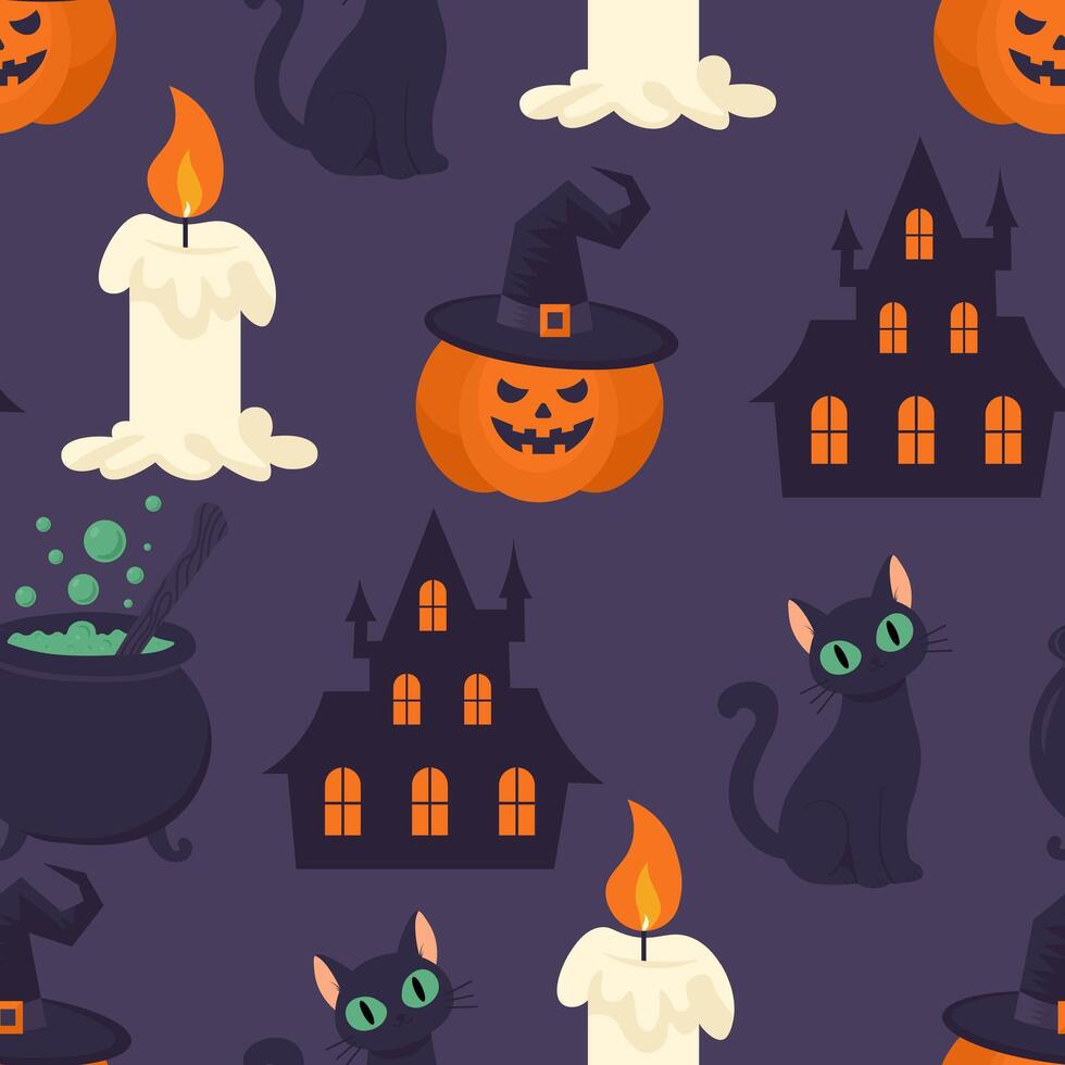 Víspera de Todos los Santos sin costura modelo. calabaza, gato, vela, castillo. vector