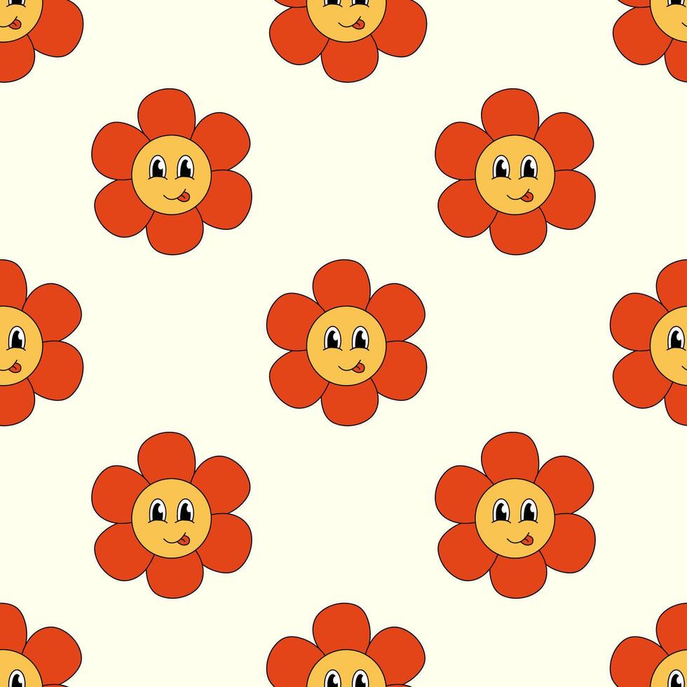 Retro Seamless Pattern 70s 60s 80s Hippie Groovy cute Red Flower show tongue. Smiling face. Flower power. flat illustration. vector