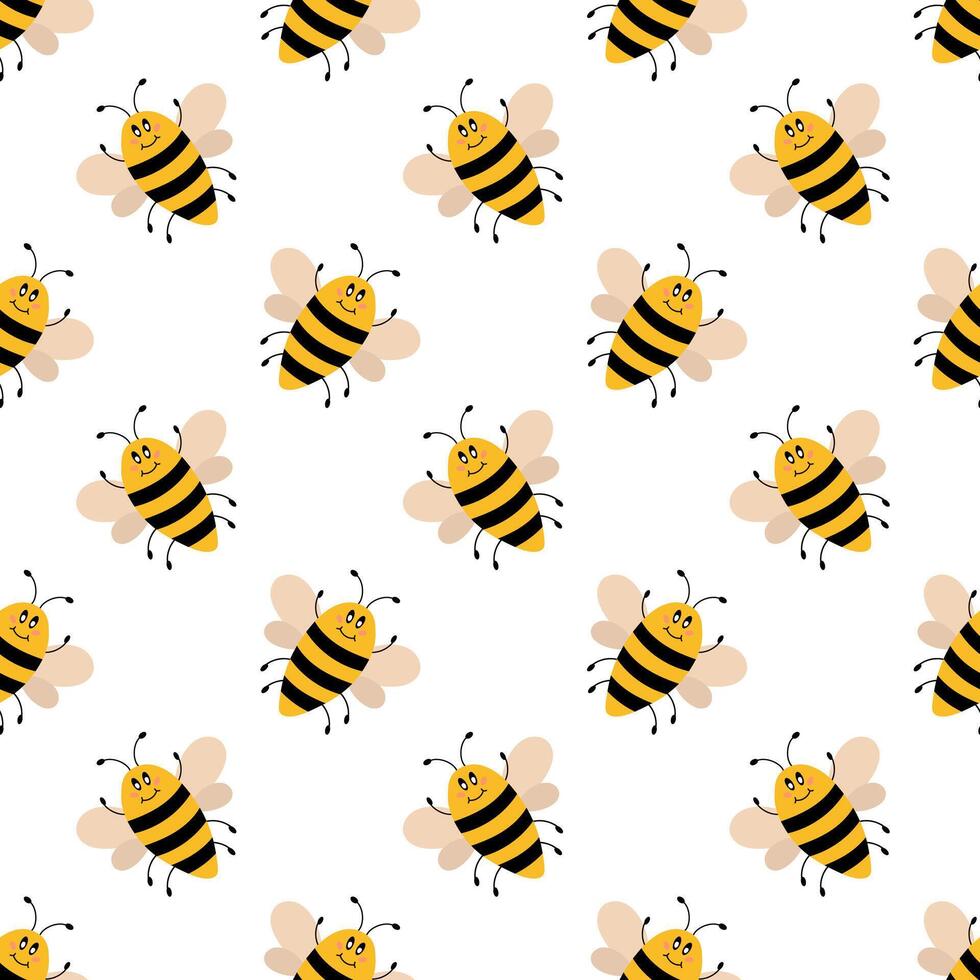 linda dibujos animados abeja sin costura modelo. gracioso abejorros antecedentes. plano ilustración. vector