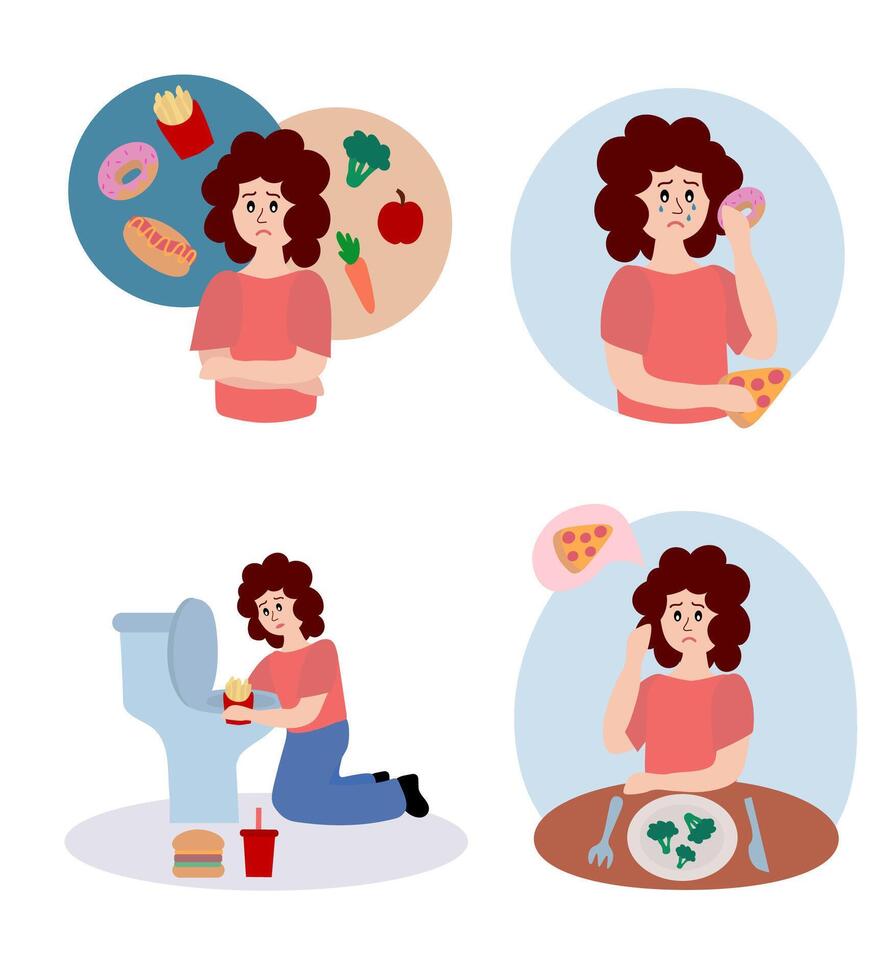 Eating disorder. Sad woman worries about being overweight. Overeating, bulimia, anorexia. Food addiction concept. Rejection of yourself. Set of cartoon flat illustrations. vector