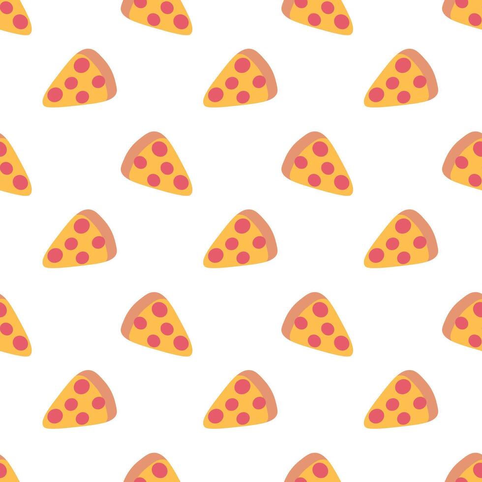 Pizza slice with pepperoni seamless pattern. Italian food background. Simple doodle, hand drawn kitchen wallpaper. Flat illustration. vector