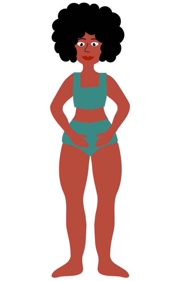 cuerpo positivo concepto. negro más Talla mujer de pie. niña en verde traje de baño. dibujos animados plano ilustración. vector