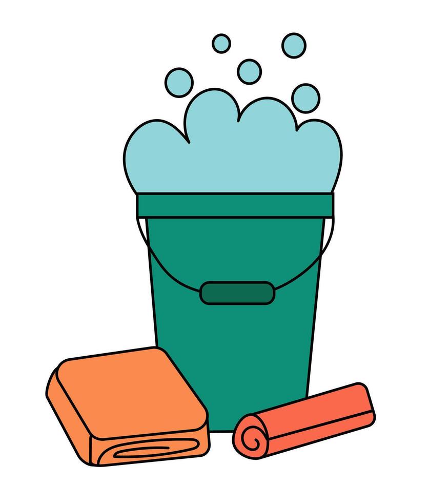 Element of cleaning tools. Bucket with rags. Foam from cleaning products. flat illustration, sticker, logo, icon. vector