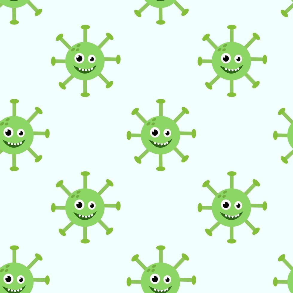 sin costura modelo con linda dibujos animados personaje virus. microbiología organismo gracioso cara fondo de pantalla. mascotas expresando emoción antecedentes. niños ilustración en plano diseño. vector