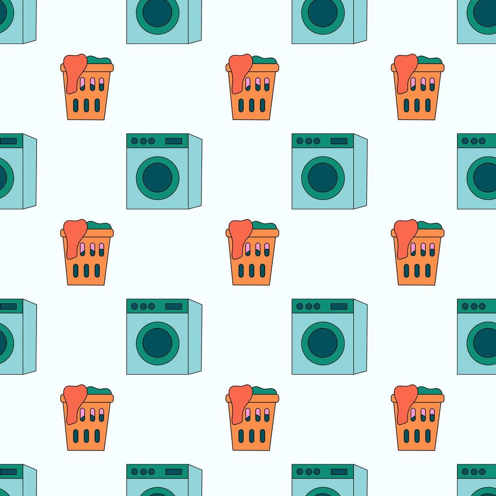 Seamless Pattern with Laundry Tools Elements. Washing machine, laundry basket with clothes. Flat illustration. vector