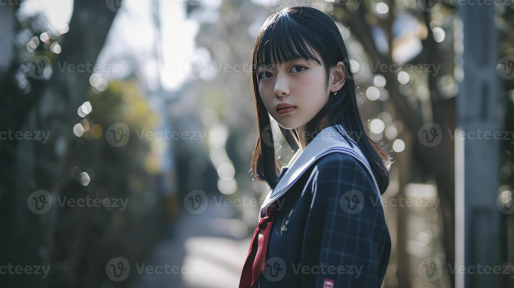 A high school girl standing in her school uniform photo