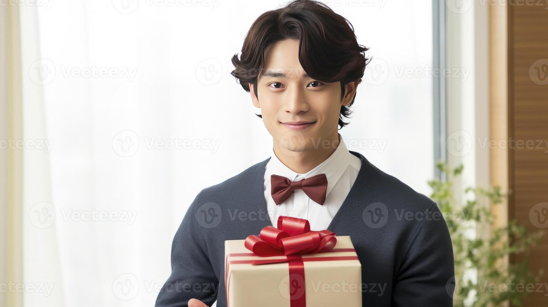 A Japanese male giving a present on Valentines Day photo