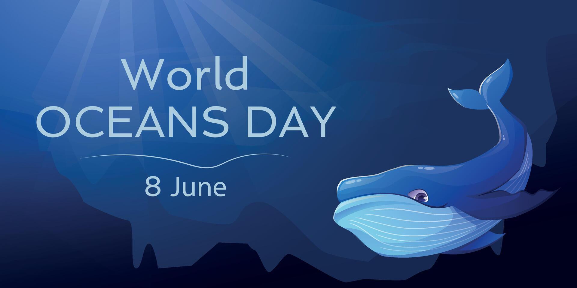 World Oceans Day, June 8. cartoon horizontal banner, against the background of the dark underwater depths of the sea, a funny huge blue whale. vector