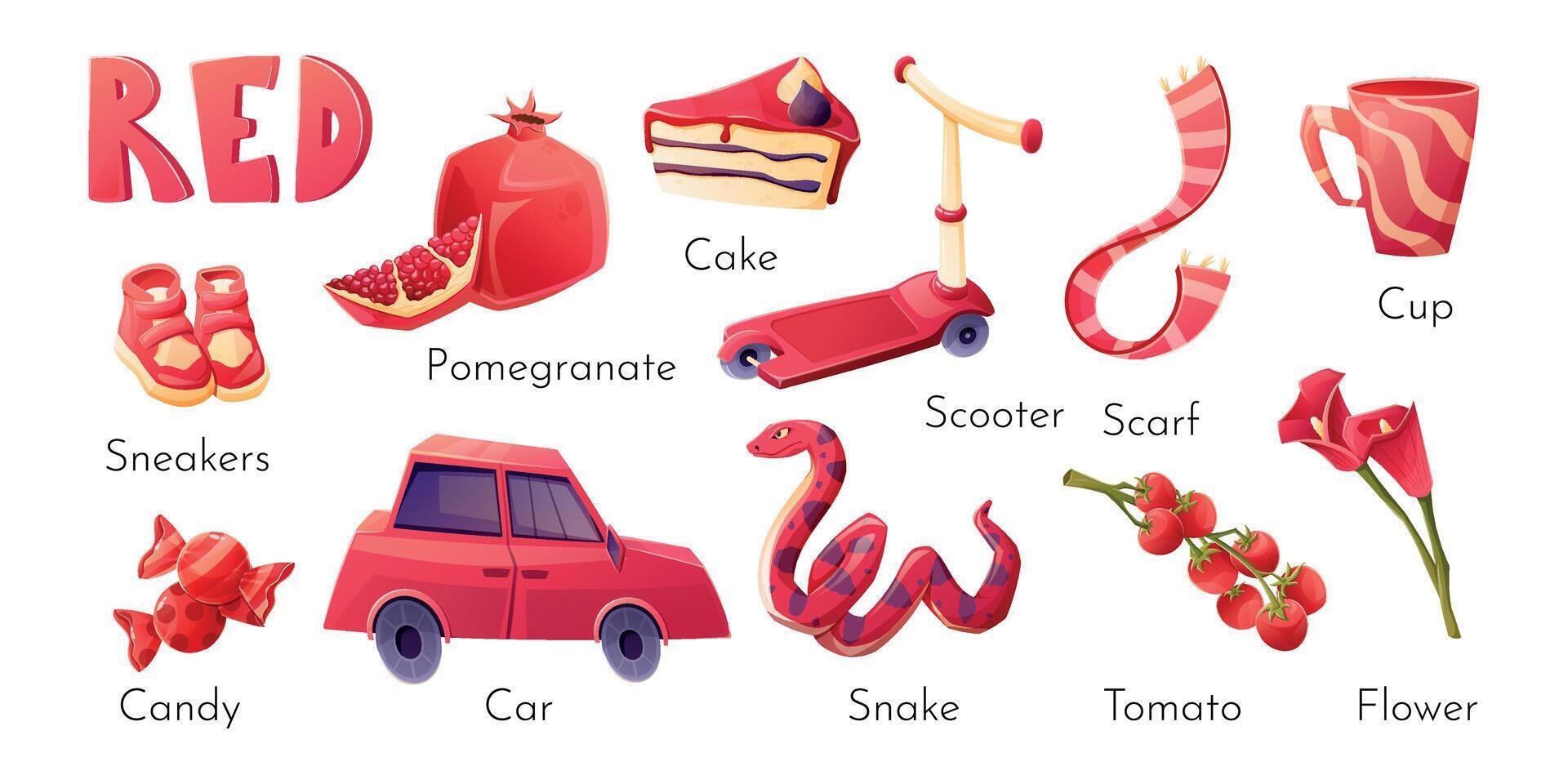 A set of isolated red elements for children to study colors. Children's book or textbook for preschoolers. Collection of cartoon elements. vector