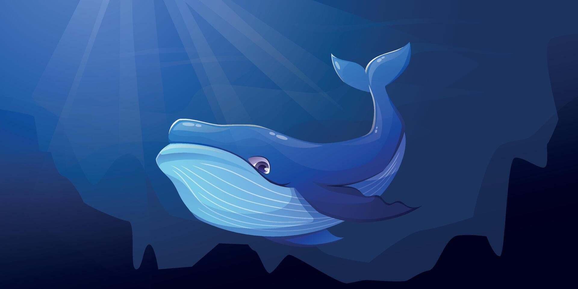A huge sea blue whale on a background in the depths of the ocean. isolated cartoon illustration of an aquatic animal. vector