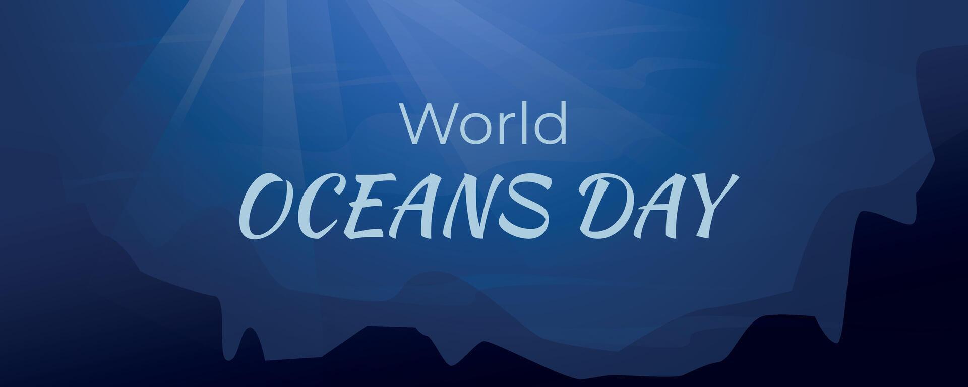 World Oceans Day, June 8. cartoon horizontal banner, background of the dark underwater depths of the sea. vector