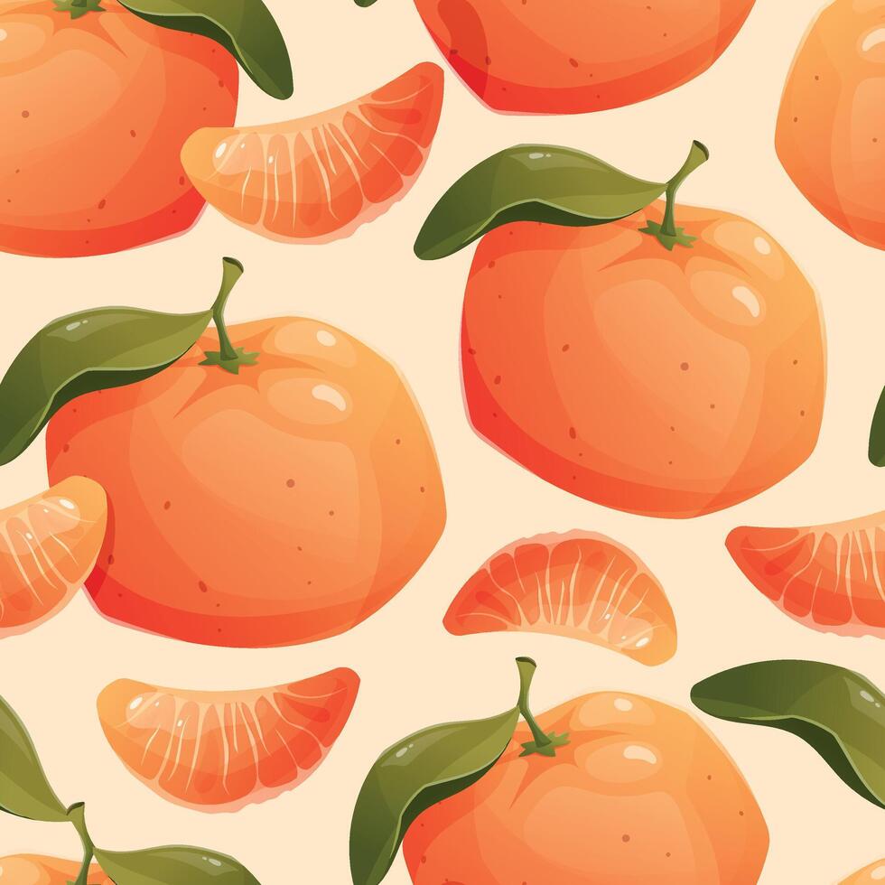 Ripe juicy whole tangerine or orange, and a slice. seamless cartoon pattern with fruit citrus illustration. vector