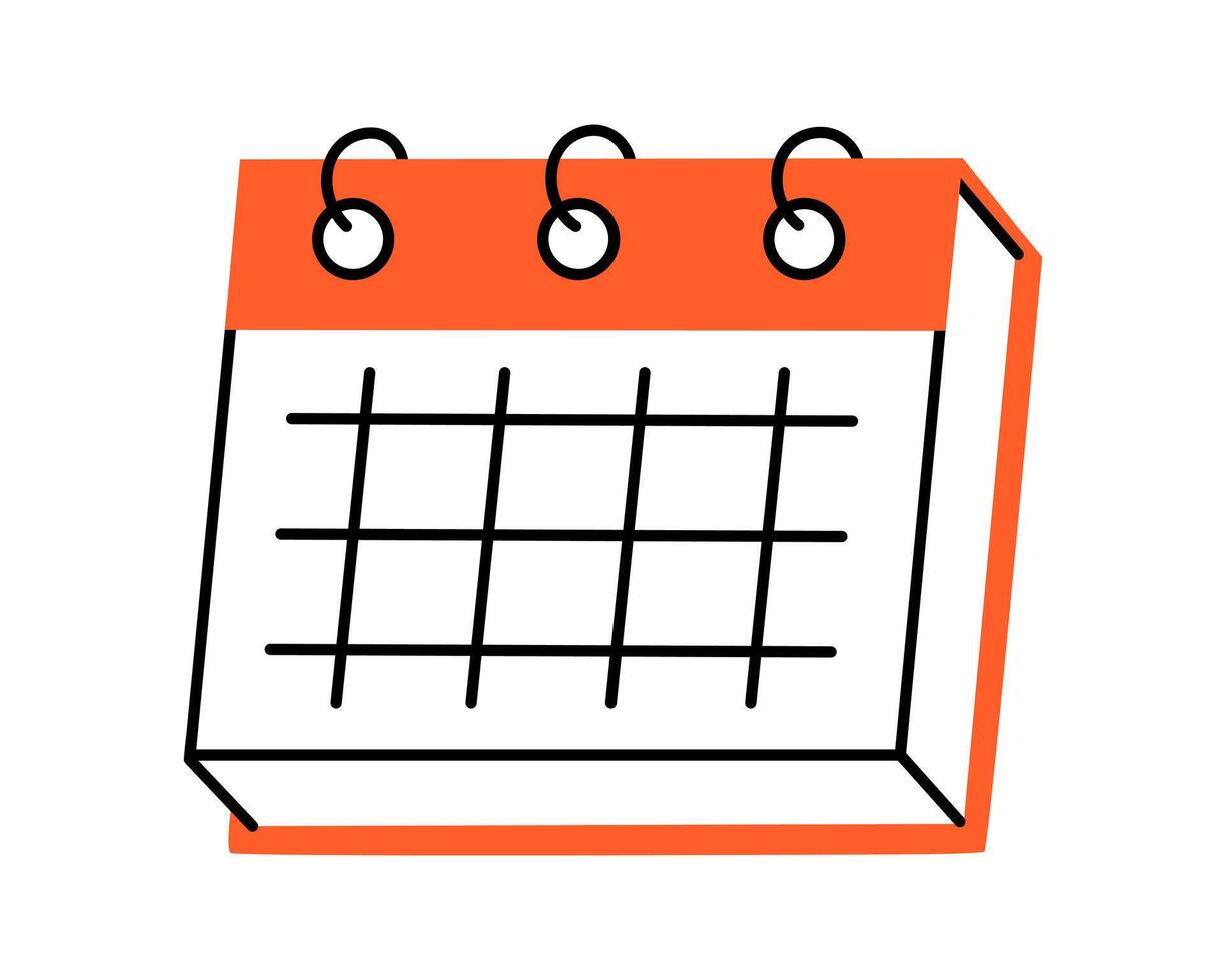 Hand drawn cute illustration of calendar. Flat timetable or schedule stationery page in colored doodle style. Planning or time management icon. Event deadline. Isolated on white background. vector