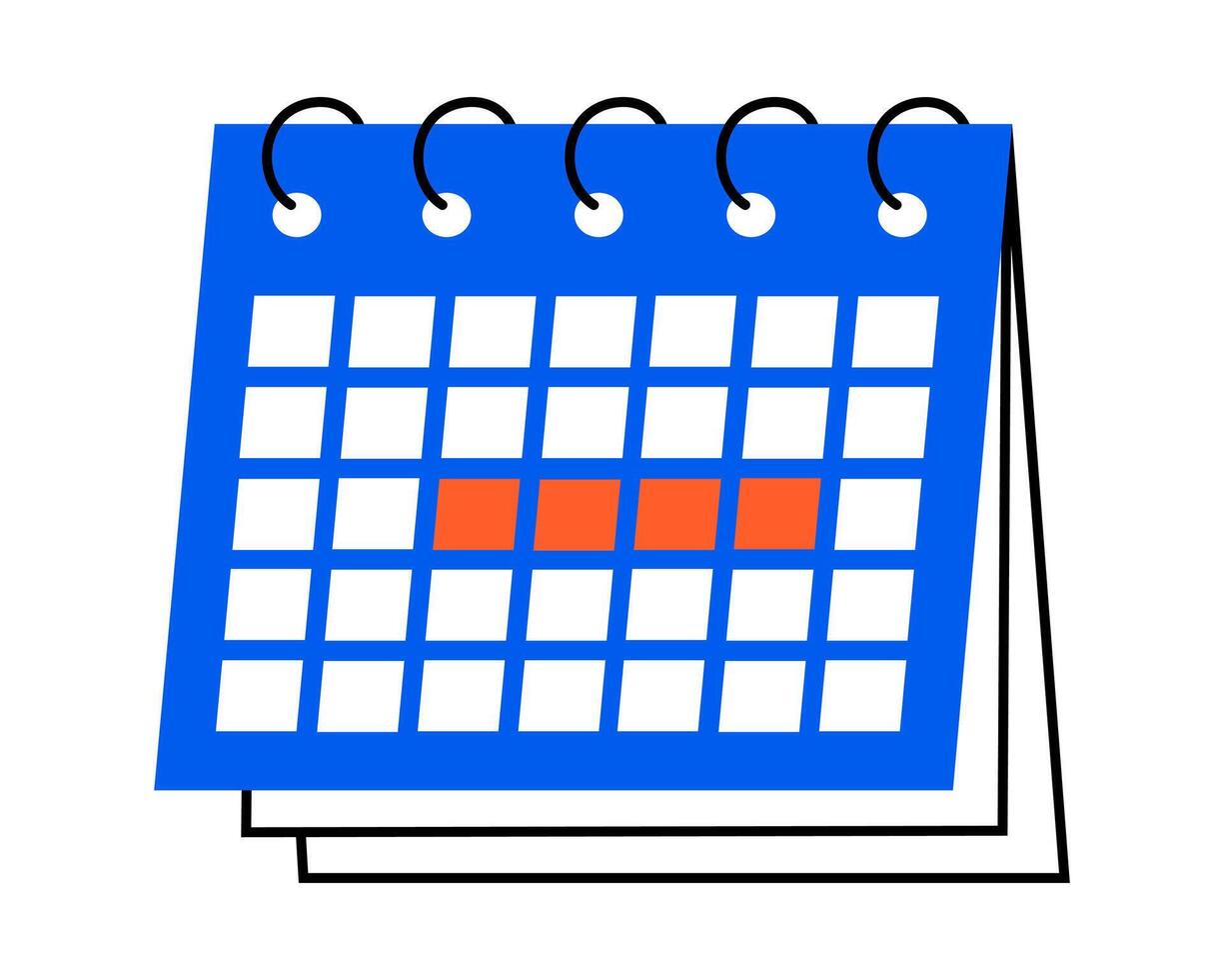 mano dibujado linda ilustración de calendario con destacado fechas. plano calendario o calendario página en de colores garabatear estilo. planificación o hora administración icono. evento fecha límite. aislado en blanco. vector